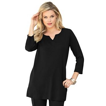 Roaman's Women's Plus Size Plus Size Three-Quarter Sleeve Notch Neck Soft Knit Tunic