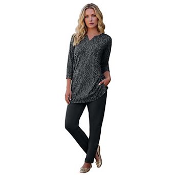 Roaman's Women's Plus Size Three-Quarter Sleeve Notch Neck Soft Knit Tunic