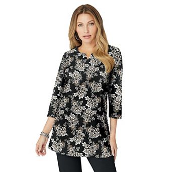 Roaman's Women's Plus Size Three-Quarter Sleeve Notch Neck Soft Knit Tunic