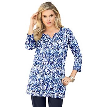 Roaman's Women's Plus Size Three Quarter Notch Neck Soft Knit Tunic