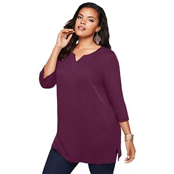 Roaman's Women's Plus Size Three-Quarter Sleeve Notch Neck Soft Knit Tunic