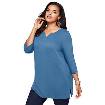 Roaman's Women's Plus Size Three-Quarter Sleeve Notch Neck Soft Knit Tunic