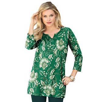 Roaman's Women's Plus Size Plus Size Three-Quarter Sleeve Notch Neck Soft Knit Tunic