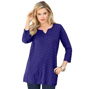 Roaman's Women's Plus Size Three-Quarter Sleeve Notch Neck Soft Knit Tunic