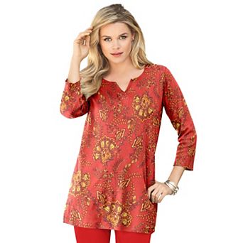 Roaman's Women's Plus Size Plus Size Three-Quarter Sleeve Notch Neck Soft Knit Tunic