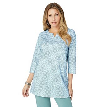 Roaman's Women's Plus Size Three-Quarter Sleeve Notch Neck Soft Knit Tunic