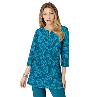Roaman's Women's Plus Size Three-Quarter Sleeve Notch Neck Soft Knit Tunic