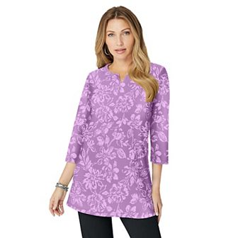 Roaman's Women's Plus Size Plus Size Three-Quarter Sleeve Notch Neck Soft Knit Tunic