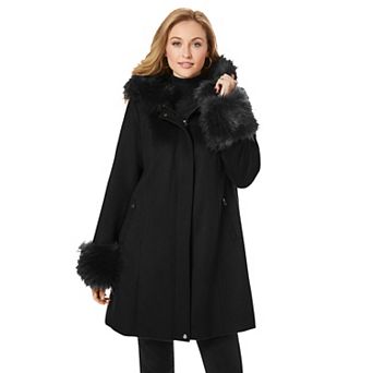 Jessica London Women's Plus Size Hooded Faux Fur Trim Coat
