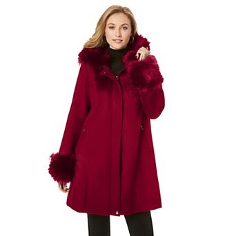 Jessica London Women's Plus Size Hooded Faux Fur Trim Coat