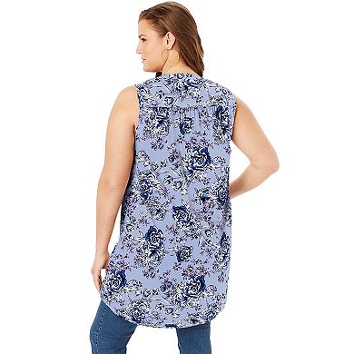 Roaman's Women's Plus Size Sleeveless Floral Big Shirt
