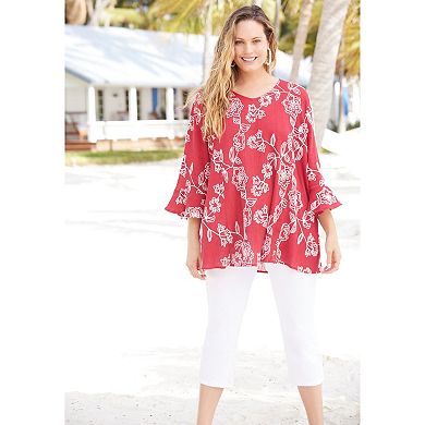 Catherines Women's Plus Size Petite Embroidered Gauze Tunic