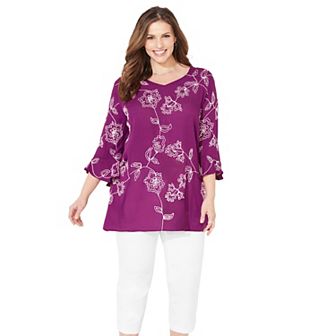 Catherines Women's Plus Size Petite Embroidered Gauze Tunic