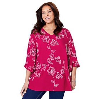 Catherines Women's Plus Size Petite Embroidered Gauze Tunic
