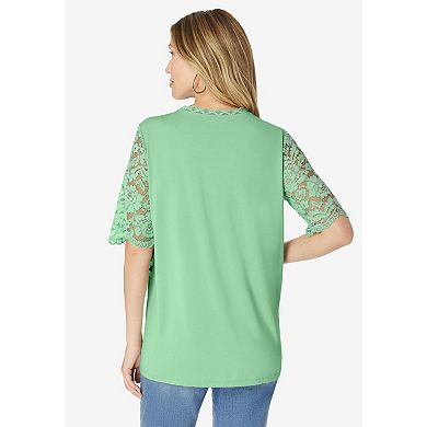 Roaman's Women's Plus Size Plus Size Lace Sleeve Printed Tee