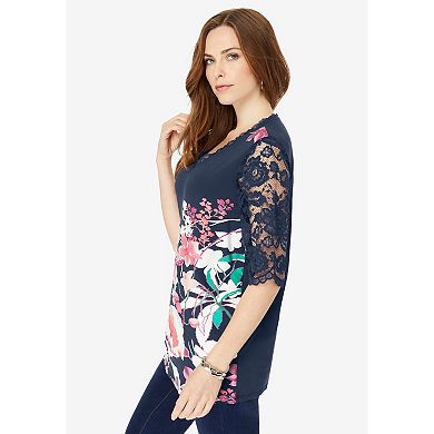 Roaman's Women's Plus Size Lace Sleeve Printed Tee