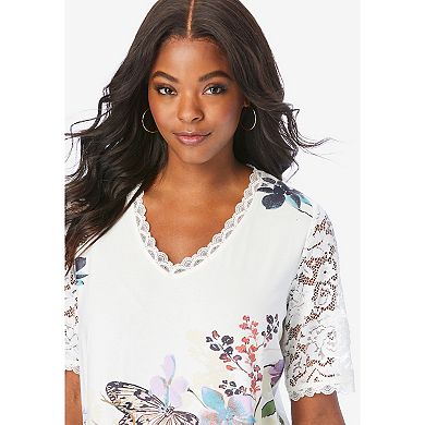 Roaman's Women's Plus Size Lace Sleeve Printed Tee