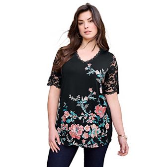 Roaman's Women's Plus Size Plus Size Lace Sleeve Printed Tee