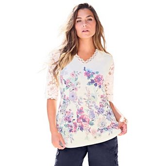 Roaman's Women's Plus Size Lace Sleeve Printed Tee