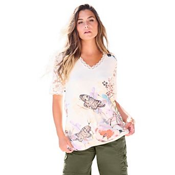 Roaman's Women's Plus Size Lace Sleeve Printed Tee