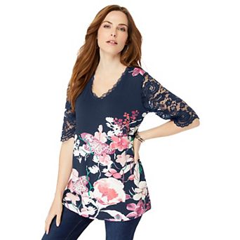 Roaman's Women's Plus Size Lace Sleeve Printed Tee