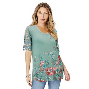 Roaman's Women's Plus Size Lace Sleeve Printed Tee