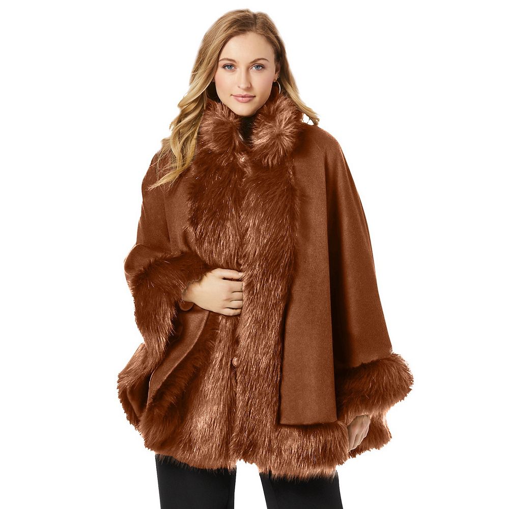 Jessica London Women's Plus Size Faux Fur Trim Wool Cape