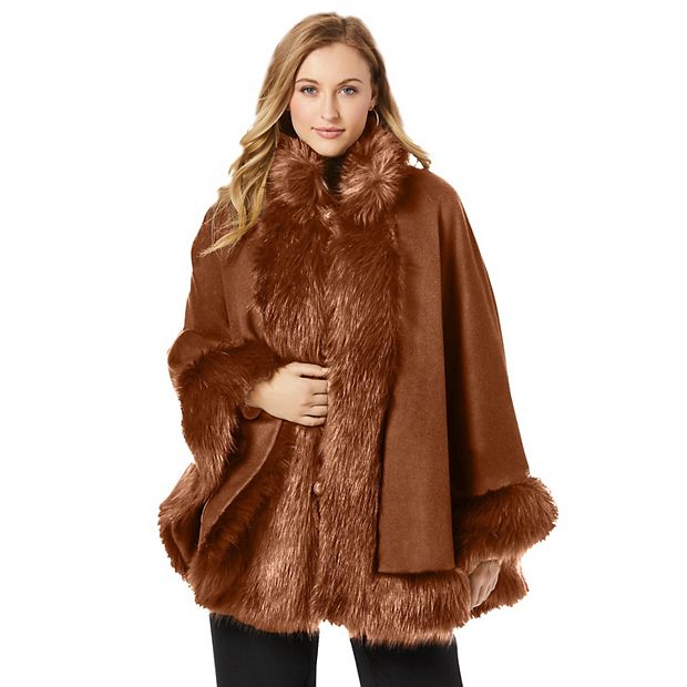 Jessica London Women's Plus Size Faux Fur Trim Wool Cape