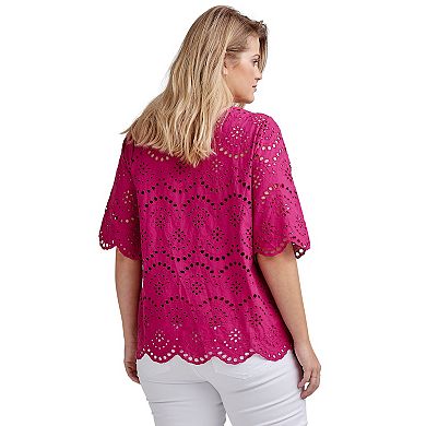 ellos Plus Size Scalloped Hem Eyelet Blouse