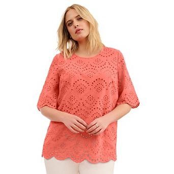 ellos Plus Size Scalloped Hem Eyelet Blouse