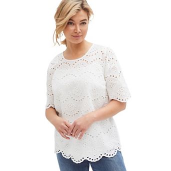 ellos Plus Size Scalloped Hem Eyelet Blouse