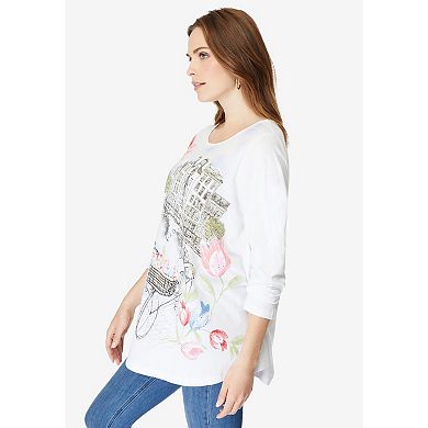 Roaman's Women's Plus Size Travel Graphic Long Sleeve Tee