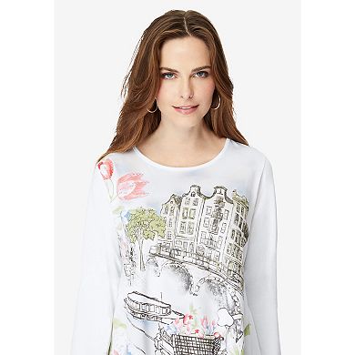 Roaman's Women's Plus Size Travel Graphic Long Sleeve Tee