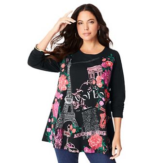 Roaman's Women's Plus Size Travel Graphic Long Sleeve Tee