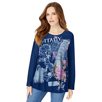 Roaman's Women's Plus Size Travel Graphic Long Sleeve Tee