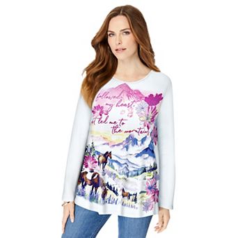 Roaman's Women's Plus Size Travel Graphic Long Sleeve Tee
