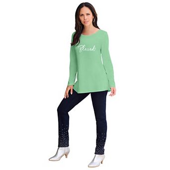 Roaman's Women's Plus Size Travel Graphic Long Sleeve Tee