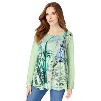 Roaman's Women's Plus Size Travel Graphic Long Sleeve Tee