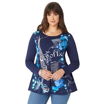 Roaman's Women's Plus Size Travel Graphic Long Sleeve Tee