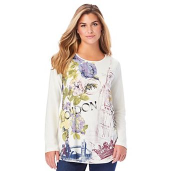 Roaman's Women's Plus Size Travel Graphic Long Sleeve Tee