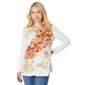 Roaman's Women's Plus Size Travel Graphic Long Sleeve Tee