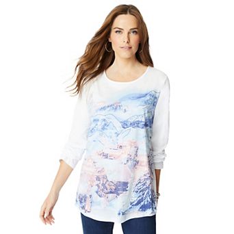 Roaman's Women's Plus Size Travel Graphic Long Sleeve Tee