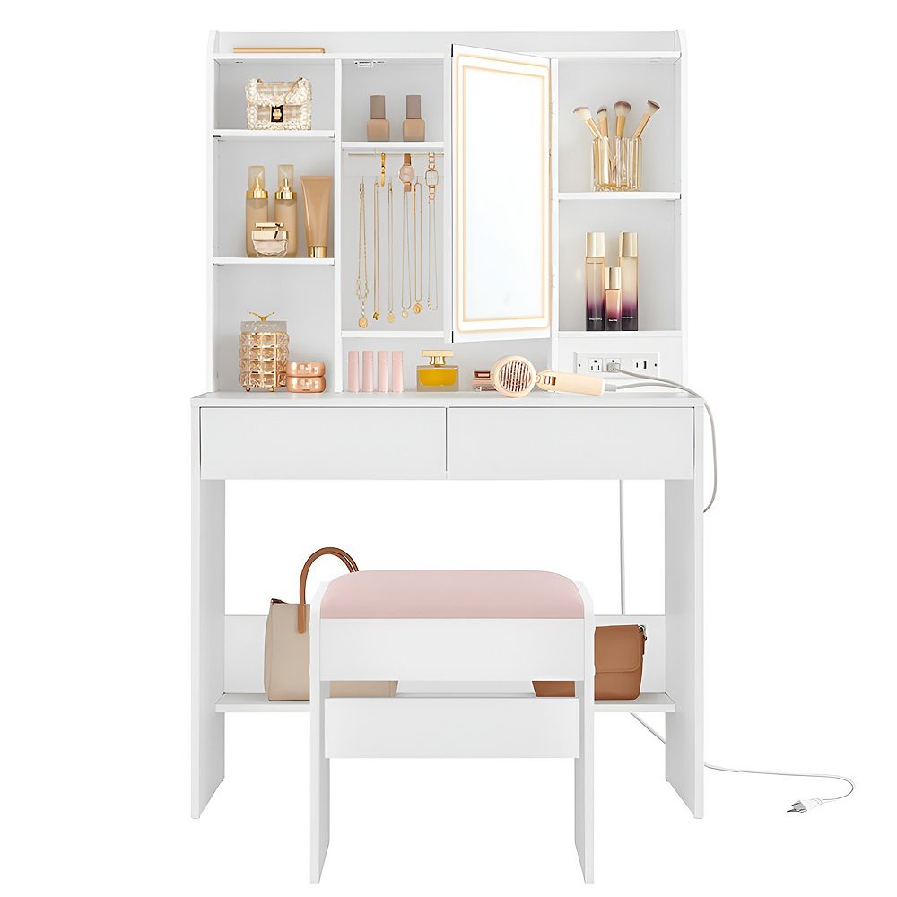 Haewon LED Makeup Vanity Desk With Mirror & Stool | 10 Lights, 3 Colors, Outlets, Drawers & Shelves