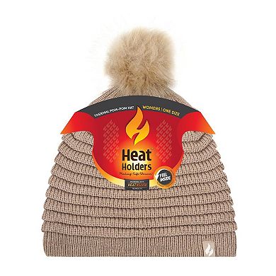 Women's Heat Holders Heatweaver Rib Knit Pom Pom Hat