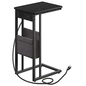 C-Shaped Side Table, End Table with Charging Station, 2 USB Ports and Outlets, C Table for Couch