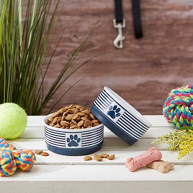 Bone Dry Pet Bowl Paw Patch Stripe Nautical Blue 2-pc. Set