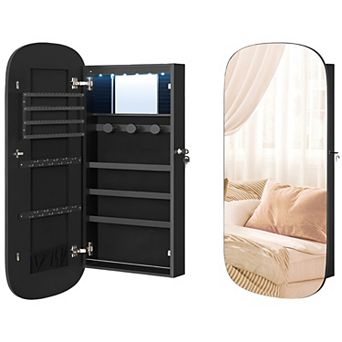 Jewelry Organizer, Led Jewelry Cabinet Wall/door Mounted, Lockable Rounded Wide Mirror With Storage