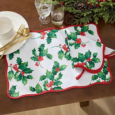 Vintage Holly Scallop Border Napkins, 17"x17", Set Of 4