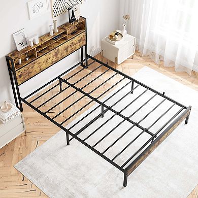 Bed Frame With Storage Headboard Metal Platform Bed With Charging Station