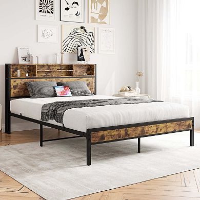 Bed Frame With Storage Headboard Metal Platform Bed With Charging Station